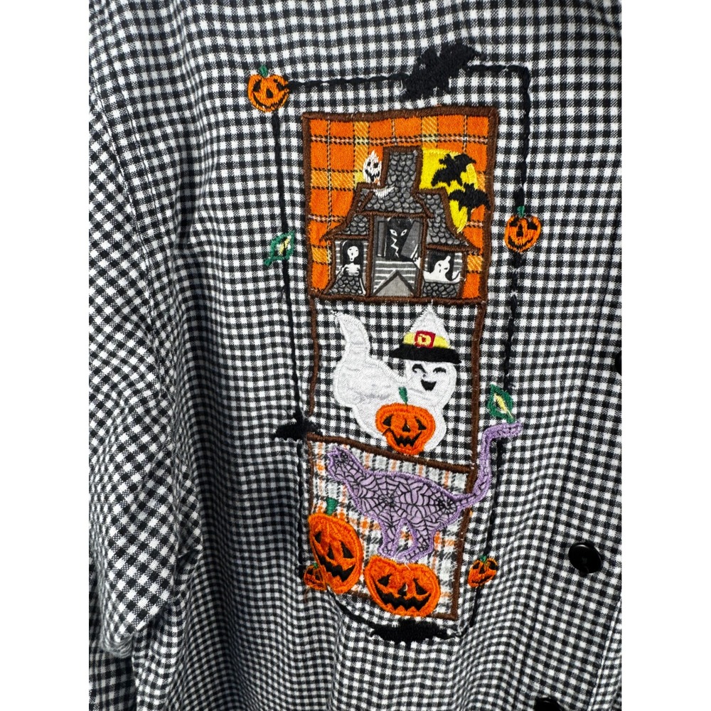 VTG Casey & Max Halloween Button Up Shirt Women Large Gingham Embroidered Spooky - Picture 3 of 9